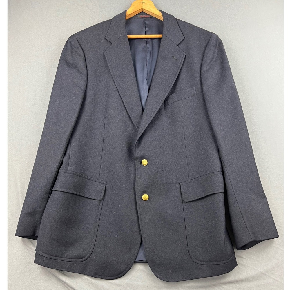 English Manor Blazer Mens 43 L Navy Blue Good 100% Wool Gold Button Sport Coat